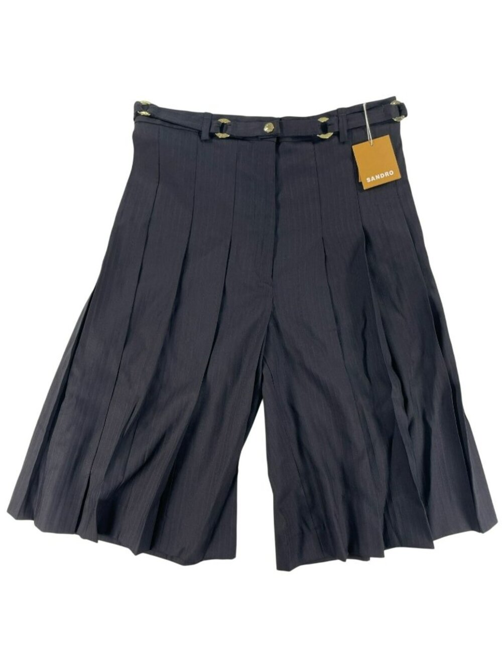 Sandro Marine Pleated Culotte Black Shorts Gold Buttons Wool-Lyocell Wmn's Sz 8